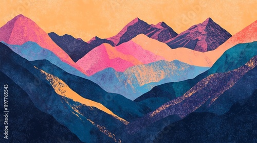 Vibrant Pink and Blue Mountains Sunset Landscape. AI Generated