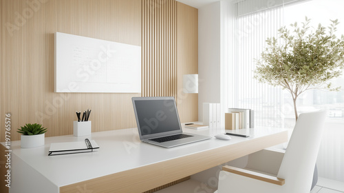 A neat and organized office desk with a laptop, notepad, and plants, representing a productive workspace photo