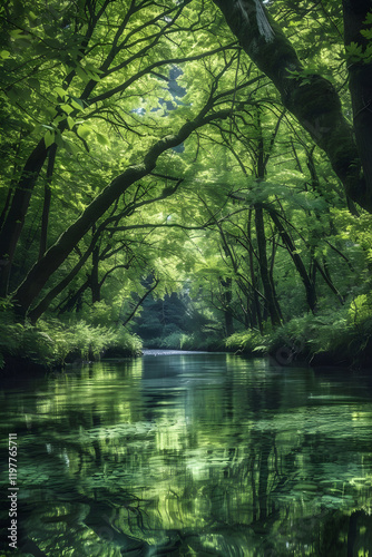 Serene River Winding Through Lush Forest with Dappled Sunlight and Towering Trees