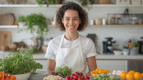 A joyful female chef prepares a vibrant salad with fresh vegetables in a bright kitchen photo