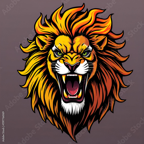 A fierce lion roaring with a fiery mane, symbolizing strength, power, and majesty in the animal kingdom. photo