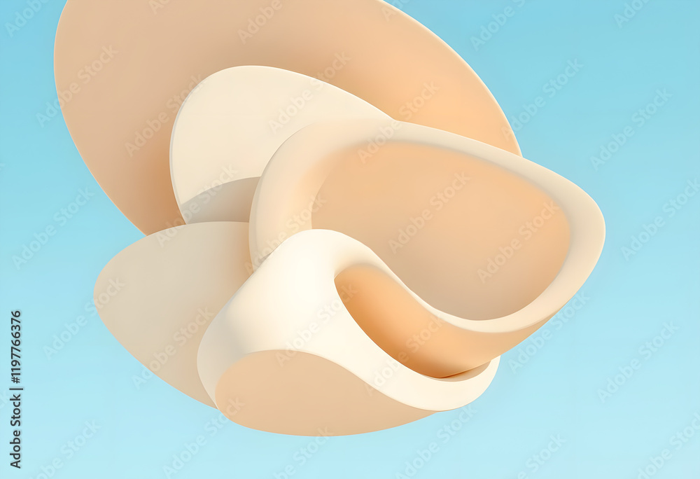 3D Style Illustration of Elegant Geometric Shapes in Neutral Tones Moving Against a Bright Blue Sky with Soft Lighting 3D Style Illustration of Elegant Geometric Shapes in Neutral Tones Moving Against a Bright Blue Sky with Soft Lighting
