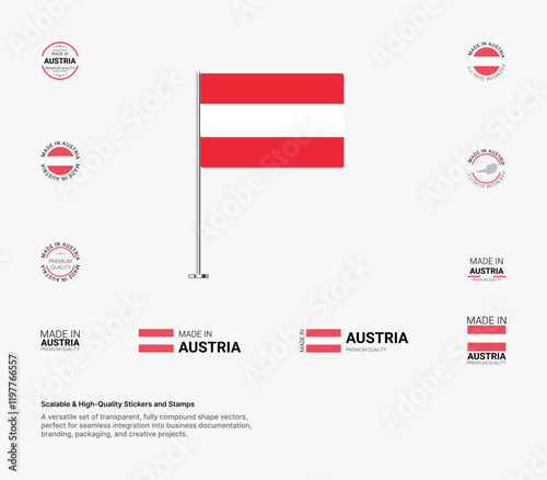 Made in Austria Stamps, Flag, Tags, labels, Seals, Icons. Creative Designs for Branding and Packaging