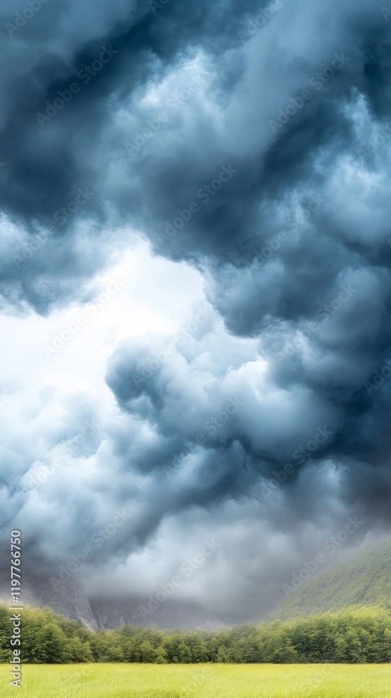 Dramatic storm clouds loom over tranquil green fields. AI Generated Dramatic storm clouds loom over tranquil green fields. AI Generated