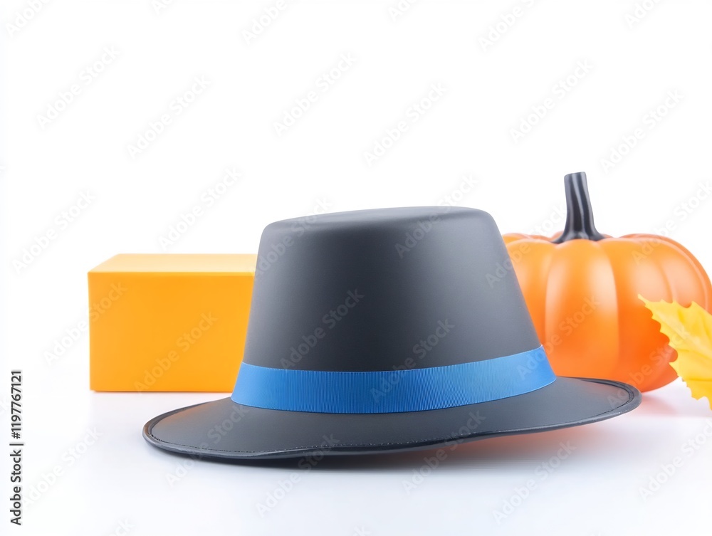 Fototapeta premium Stylish gray hat sits beside vibrant orange pumpkin autumn scene. AI Generated