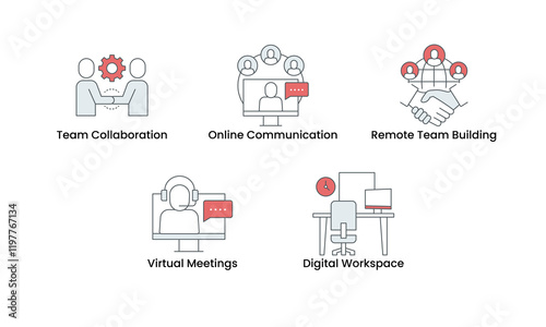 Team Collaboration and Digital Workspace icon set. Includes Team Collaboration, Online Communication, Remote Team Building, Virtual Meetings, and Digital Workspace icons. Vector icon set.
