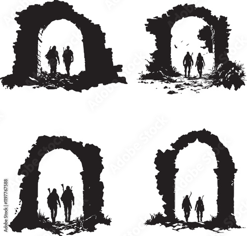 Two Adventurers Walking Silhouette vector