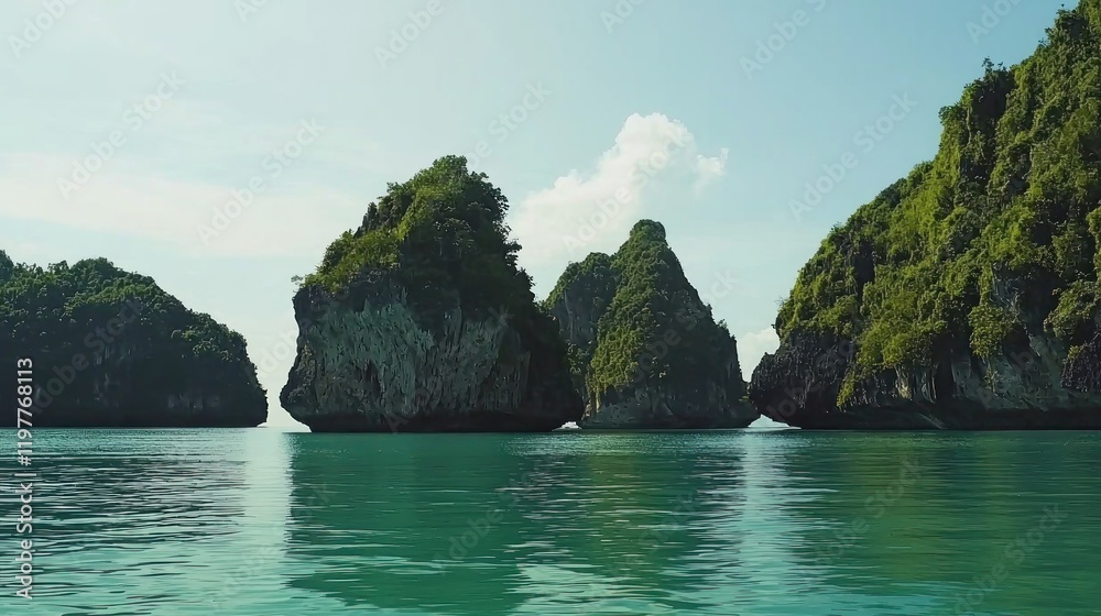 Obraz premium Tropical islands, calm sea, boat tour, sunny sky, travel brochure