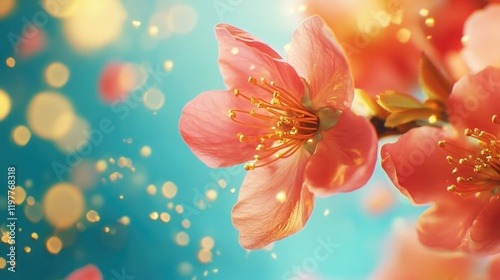 Blossoming Cherry Blossoms on a Light Blue Background with Bokeh Effects