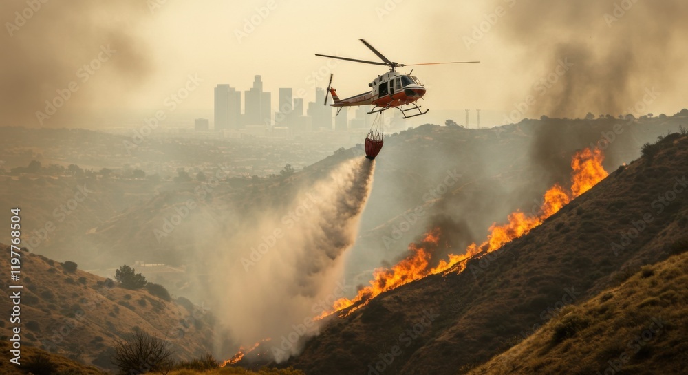 Obraz premium A firefighting helicopter hovers over a raging wildfire, releasing water to combat the flames. A powerful image of heroism and effort against nature’s fury.