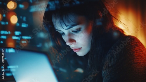 Tech-Savvy Woman in Modern Setting photo