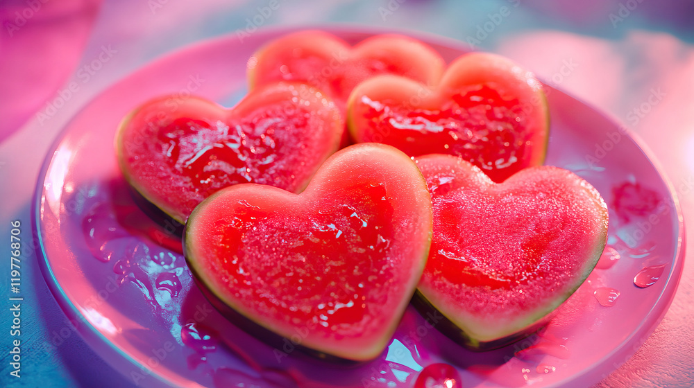 Obraz premium Delightful HeartShaped Gelatin Desserts Artfully Arranged on a Vibrantly Colorful Plate