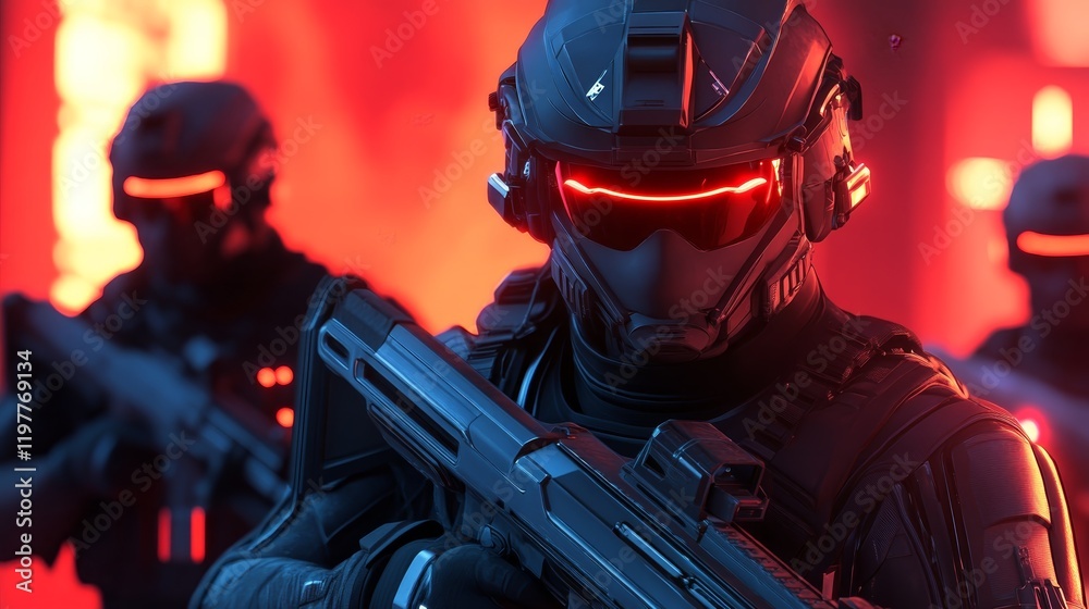 Futuristic soldiers in high-tech armor, ready for action in a dramatic, illuminated setting. Futuristic soldiers in high-tech armor, ready for action in a dramatic, illuminated setting.