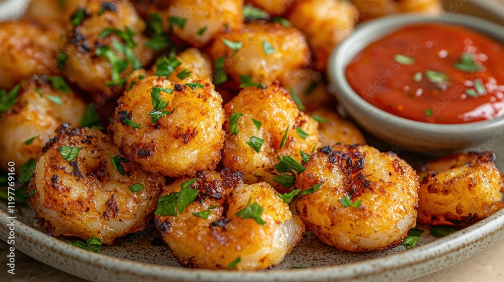 Crispy fried shrimp, parsley, sauce, plate, kitchen. Crispy fried shrimp, parsley, sauce, plate, kitchen.