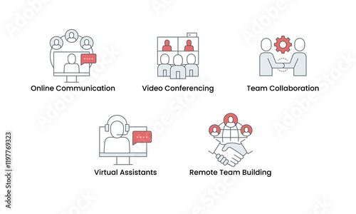 Online Communication and Team Collaboration icon set. Includes Online Communication, Video Conferencing, Team Collaboration, Virtual Assistants, and Remote Team Building icons. Vector icon set.

