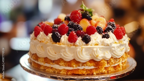 Wallpaper Mural Cake decorated with fruits and whipped cream. Generative AI Torontodigital.ca