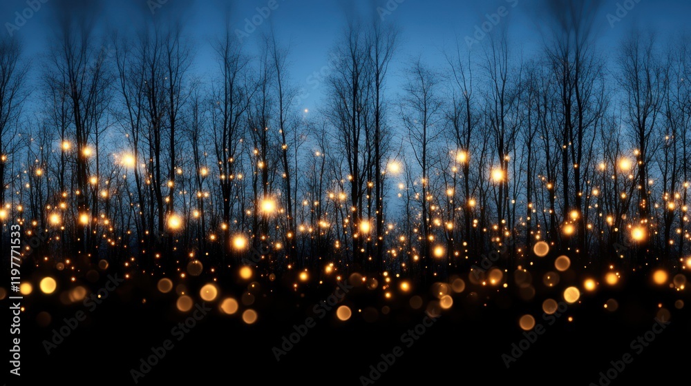 Fototapeta premium Mystical fireflies illuminate a dark forest with their enchanting glow, creating a magical and captivating night spectacle.