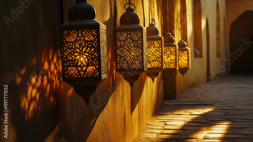 Illuminated Moroccan Lanterns on Wall at Sunset photo