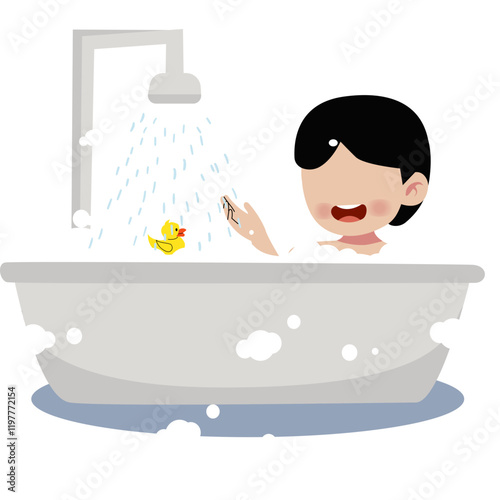 Faceless kid take a bath in the bathtub