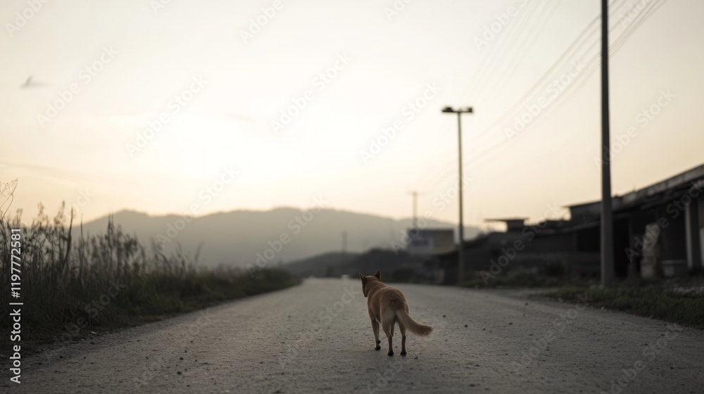 Lone dog walking down a rural road at sunset. Lone dog walking down a rural road at sunset.