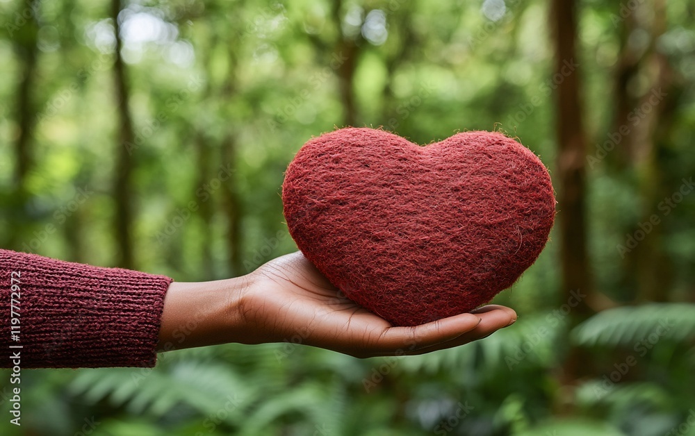 Hand holding a red heart in a forest. Hand holding a red heart in a forest.