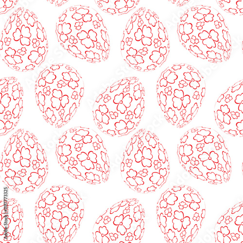 Seamless Pattern With Drawn Easter Eggs On White Background.