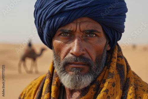 a man in a turban and blue scarf in the desert