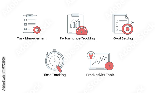 Task Management and Productivity Tools icon set. Includes Task Management, Performance Tracking, Goal Setting, Time Tracking icons. Vector icon set.