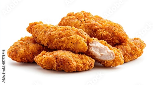 Crispy chicken tenders, food photography, white background, delicious meal