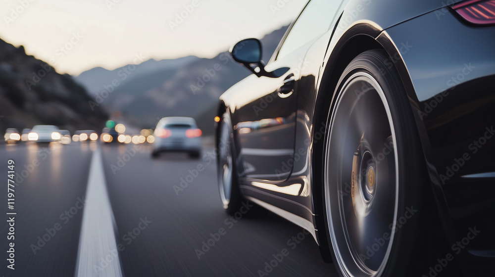 Fototapeta premium Sports Car Front View on Mountain Highway with Blurred Traffic