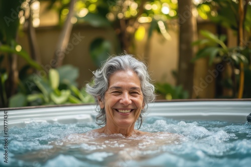 an older woman smiling in a hot tub photo