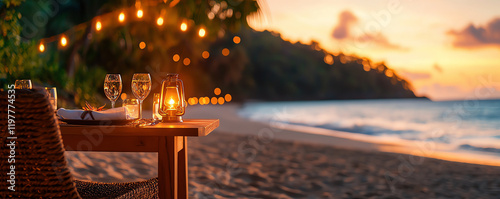 A serene beachside dining setup at sunset, featuring a beautifully arranged table with candles and glasses, surrounded by soft lighting to enhance the romantic ambiance. photo