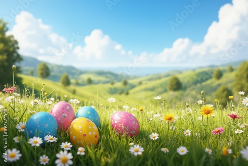 easter eggs in a field with daisies and flowers