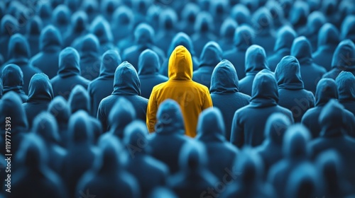 A single, bright yellow figure stands out remarkably against a vast sea of blue figures, powerfully symbolizing individuality and uniqueness amidst a backdrop of conformity and sameness
