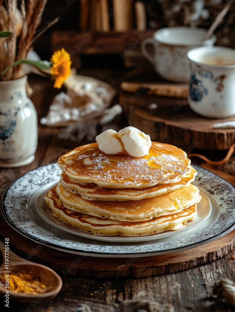 Delicious stack of golden brown flapjacks on a plate with whipped cream and maple syrup. Delicious stack of golden brown flapjacks on a plate with whipped cream and maple syrup.