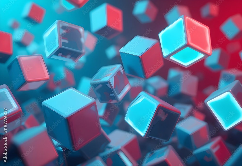 Floating cubes with glowing edges in shades of turquoise blue and red Floating cubes with glowing edges in shades of turquoise blue and red