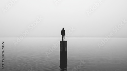 Solitary figure standing on a post in foggy water.