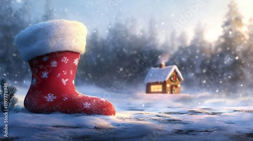A delightful drawing of a Christmas sock on a snowy background, with a small gingerbread house in the distance