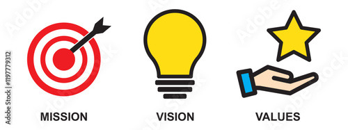 Mission, vision and values of business company. Target goal, global view and scales icons. Success template. Mission purpose flag, leader global vision and core value. Infographic concept. Vector photo