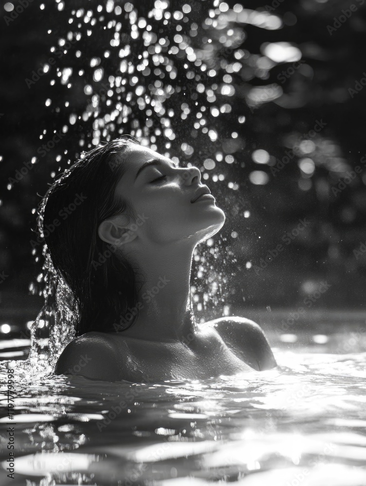 Fototapeta premium Woman immersed in a rain shower under an outdoor waterfall. Feeling refreshed and relaxed.