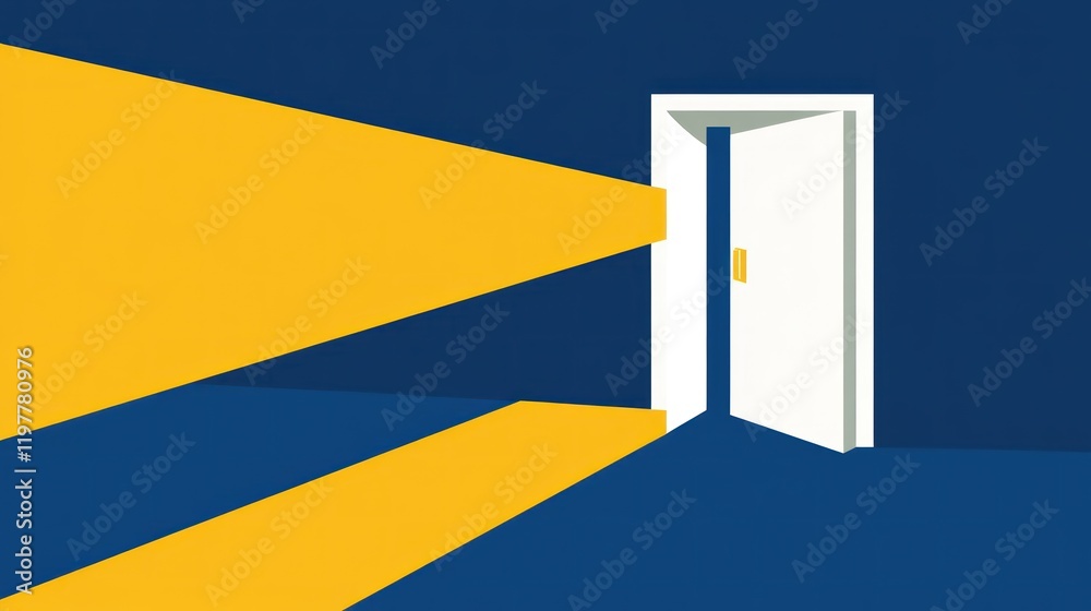 A minimalist illustration of an open door casting yellow light against a blue background. A minimalist illustration of an open door casting yellow light against a blue background.