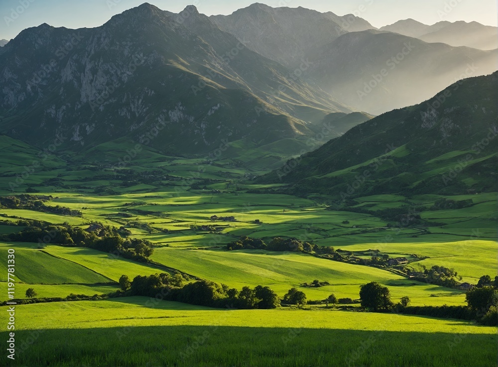 Fototapeta premium Paisagem de campo aberto com montanhas ao fundoLandscape of open field with mountains in the background