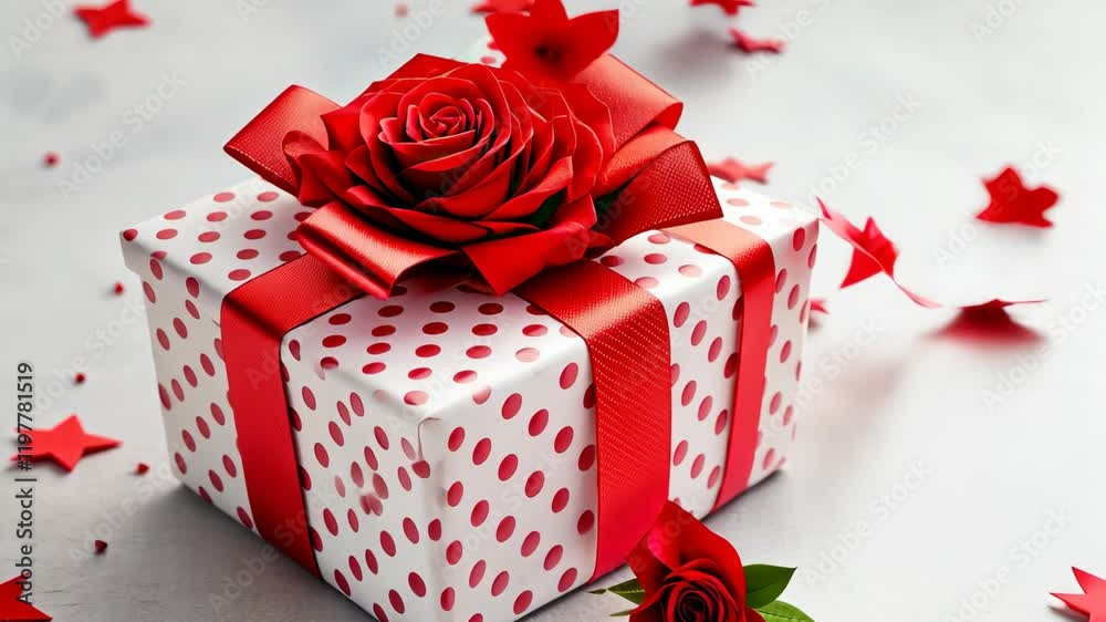 A decorative gift box features a elegant red rose and ribbon, surrounded by scattered red stars on a smooth gray background. Perfect for any special occasion