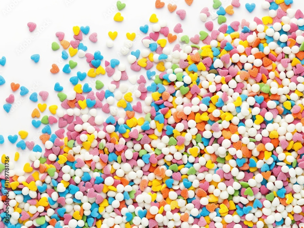Colorful sprinkles on a white background. A variety of candy coated seeds.