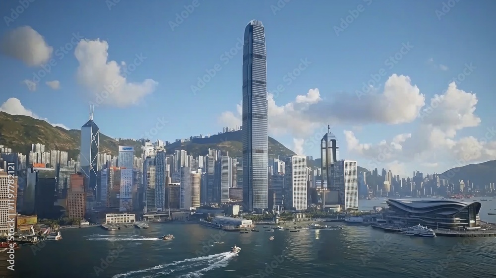 Obraz premium Hong Kong harbor, skyscraper, cityscape, boats, sunny, mountains, aerial view, business