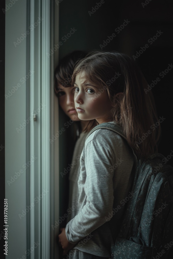 Two children waiting for school, with one looking out the door while the other looks away. Two children waiting for school, with one looking out the door while the other looks away.