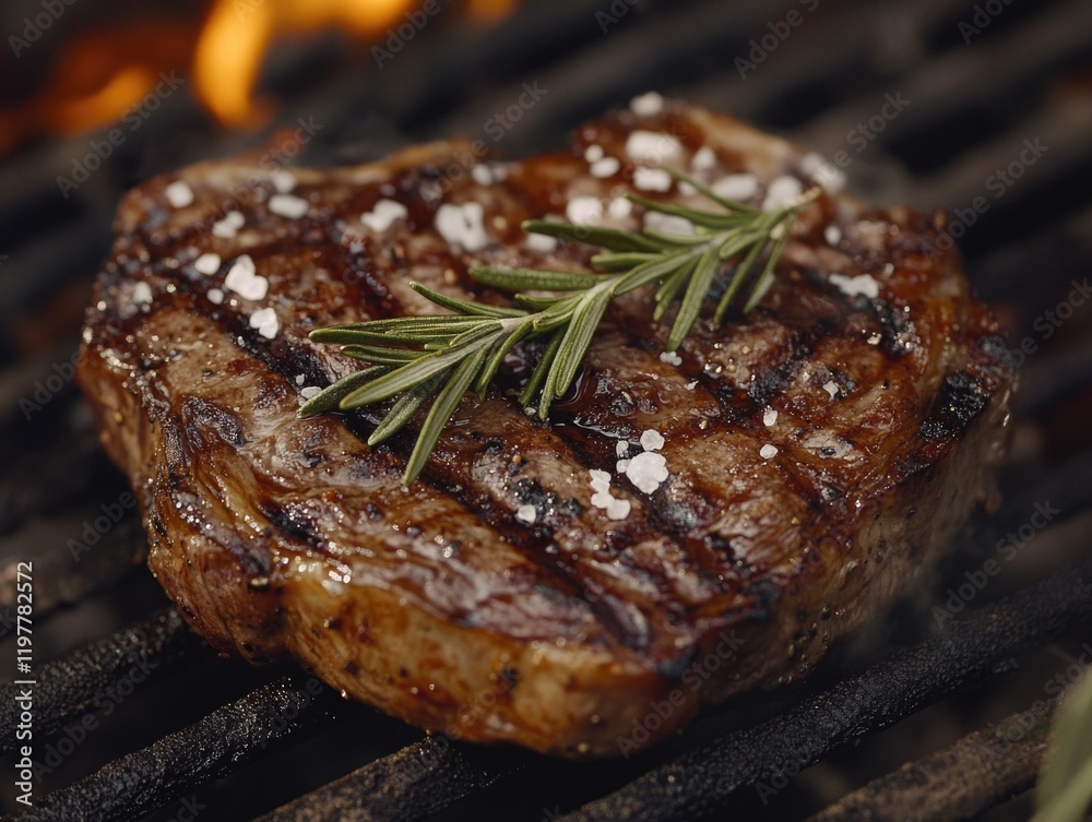 Seared steak on grill with salt and pepper, cooked to perfection for a delicious flavorful meal. Seared steak on grill with salt and pepper, cooked to perfection for a delicious flavorful meal.