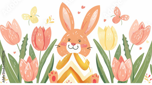 Cute orange bunny surrounded by colorful tulips and butterflies, creating cheerful spring scene filled with joy and warmth. Perfect for seasonal decorations and children themes photo