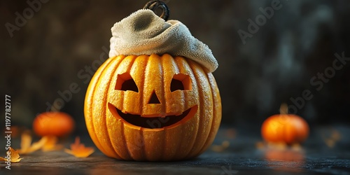 A pumpkin with a face and a towel on its head, created with the help of generative AI technology.


