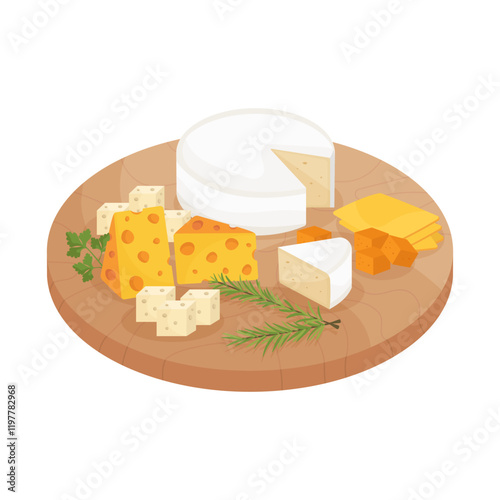Cheese platter on wooden board. Assorted cheese variety with herbs. Vector illustration.